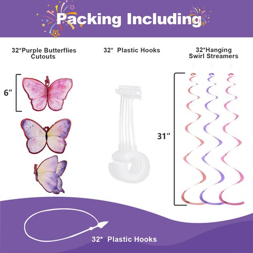 YEOCU 64pcs Hanging Swirls Party Decorations - Ceiling Foil Swirls Decorations Hanging Party Streamers for Birthday, Ceiling Hanging Decor Party Supplies for Women Girls Kids (Purple)