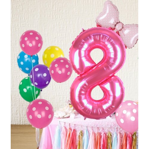 Kwuz 40 Inch Pink Number 8 Balloon with Mini Bow Balloon for Girls 8th Birthday Decorations, Pink Girl Princess Western Cowgirl Theme Birthday Party Balloons Decorations Supplies Favors