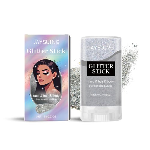 Hoegoa Body Glitter Stick,Waterproof Halloween Face Glitter Gel,Chunky Glitter for Face/Body/Hair/Eyes/Lip, Glitter Face Paint,Sparkling Glitter Makeup,Body Glitter for Women and Kids (Silver)