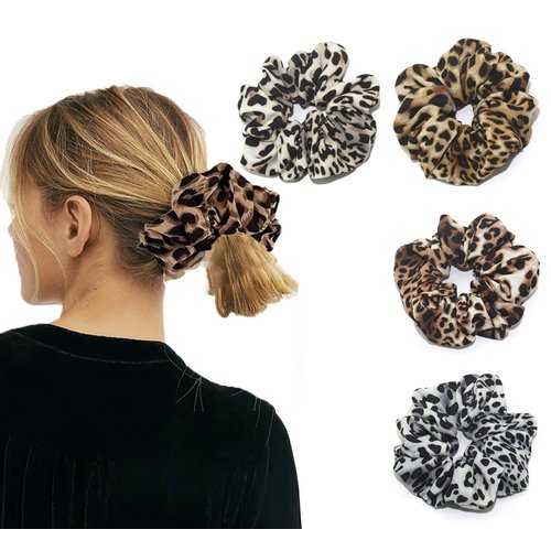 Leopard Print Hair Accessories Bundle - Ring, Elastic Band, Head Flower, Hair Rope for Women or Girls (Pack of 4)