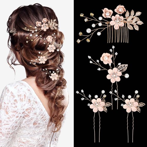 Andibro Bride Hair Comb Clip,4 Pcs Flower Rhinestone Pearl Hair Pin Crystal Hair Accessories Head...