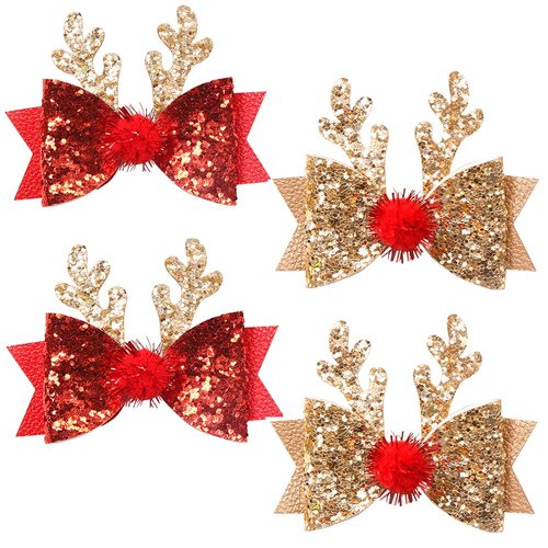 MEEKEST 4PCS Christmas Hair Bows for Girls, Christmas Hair Accessories Reindeer Antlers Ears Hair Clips Glitter Hair Barrettes Cute Bow Ties Hair Pins Christmas Party Cosplay Gift (Gold & Red)