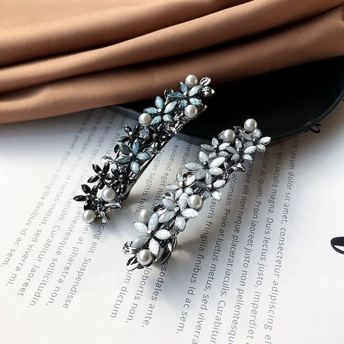 Rhinestone Pearl Hair Clips Crystal French Hair Barrette Antique Flower Leaf Hair Pins Vintage Automatic Hair Clips for Women Girls Grey