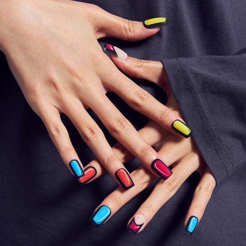 GLAMERMAID Press on Nails Medium Square, Comic Colorful Pop Art Glue on Gel Nails with French Tip, 24Pcs Short Square Reusable UV Finish Fake Nails Acrylic False Nails Manicure Kits for Women Gifts