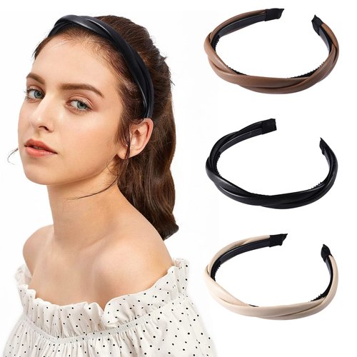 AEGYPIUS Leather Headbands for Women, 3 Pcs Leather Headband Black Brown and White Faux Leather Headband Set, Braided Headband Fashion Leather Knotted Headband Braided Headbands for Women
