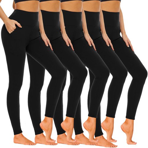 Hi Clasmix 5 Pack Super Soft Leggings with Pockets for Women-High Waisted Tummy Control Workout Yoga Running Gym Fitness Active Pants（5 Pack Black Leggings with Pockets,L-XL）
