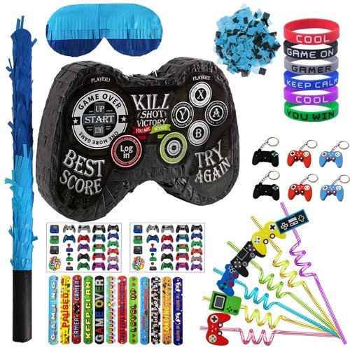 Video Game Pinata Set Video Game Party Favors Supplies for Boy Kids Gamer Party Game Controller Pinata with Straws Bracelets Stickers Keychain Confetti Tools for Party Decoration (Black)