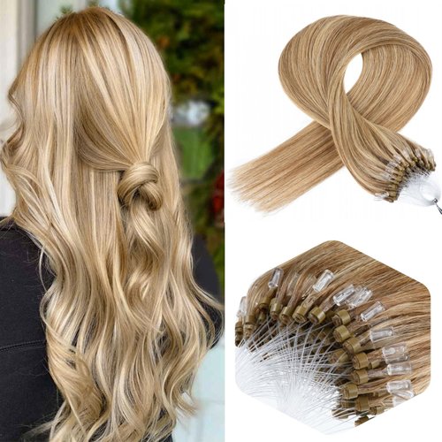 Micro Ring Hair Extensions Human Hair 14 Inch Micro Bead Hair Extensions Real Human Hair 0.5g/s 50g #8/613 Brown with Blonde Beaded Hair Extensions Human Hair