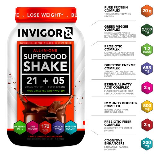 INVIGOR8 Superfood Shake (Chocolate Brownie) with Immunity Boosters - Gluten-Free and Non GMO Meal Replacement Grass-Fed Whey Protein Shake with Probiotics and Omega 3 (645g)