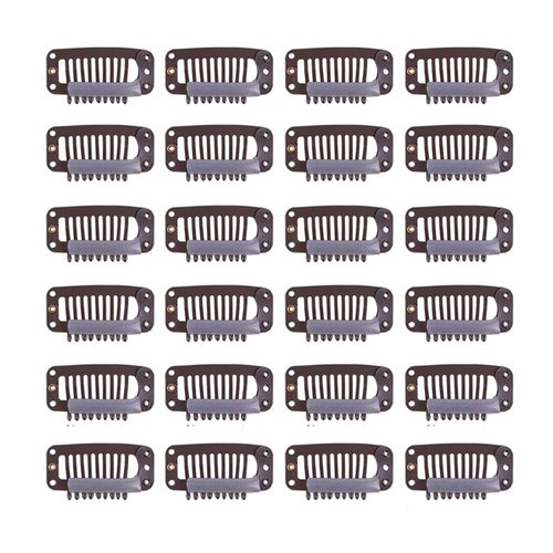 24 Pcs/lot 32mm 9-teeth Hair Extensions Clips Snap Wig Clips Comb Metal Hair Clips for Wigs Hairpiece Hair Extensions Accessories (Dark Brown)