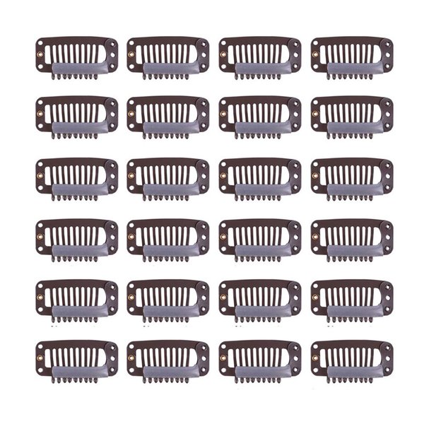 24 Pcs/lot 32mm 9-teeth Hair Extensions Clips Snap Wig Clips Comb Metal Hair Clips for Wigs Hairpiece Hair Extensions Accessories (Dark Brown)