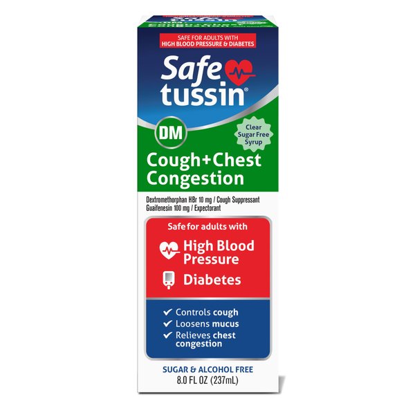 Safetussin DM Cough + Chest Congestion, Safe for Adults with High Blood Pressure & Diabetes, 8 oz