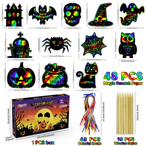 OHOME Halloween Party Favors - 48 PCS Halloween Magic Rainbow Scratch Paper Cards Set,Halloween Games for Kids - Kids Halloween Treats Toys Gifts Party Supplies | Halloween Crafts for Kids