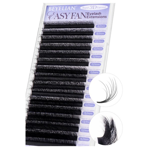 BEYELIAN Easy Fan Lash Extension, 3D Fluffy Rapid Volume Lash Extensions Easy Fan C/D Curl 0.07/0.05 MIX 8-15mm, Automatic Blooming Camellia Easy Fan Lashes Self Fanning Eyelashes Extension (C-0.07)