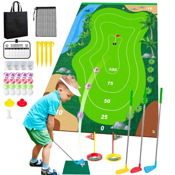 Liberry Kids Golf Set for 3 4 5 6 7 Years Old Boys Girls, Golf Chipping Game with Golf Mat, Sticky Balls, Storage Bag, Retractable Golf Clubs Indoor Outdoor Sports Toy Gift Toss Game