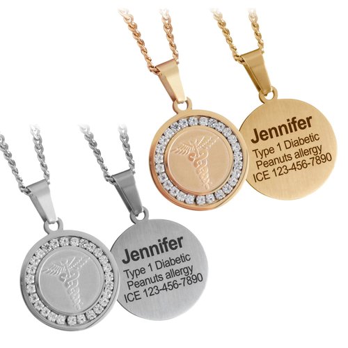 MIA·MIA Medical Alert Necklace For Women Elegant Stainless Steel & Crystals Medic Emergency ID Awareness Jewelry With Engraved Info for diabetes, allergy, epilepsy & other conditions
