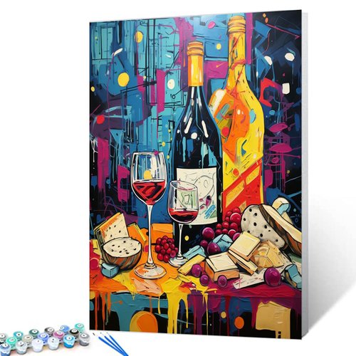 Wine Party Paint by Numbers for Adults Beginner Graffiti Street Art Digital Paintwork DIY Delicious Bread Acrylic Canvas Art Kitchen Decor Food Cheese,Fruit Artwork Kits 16x20 Inch(Without Frame)