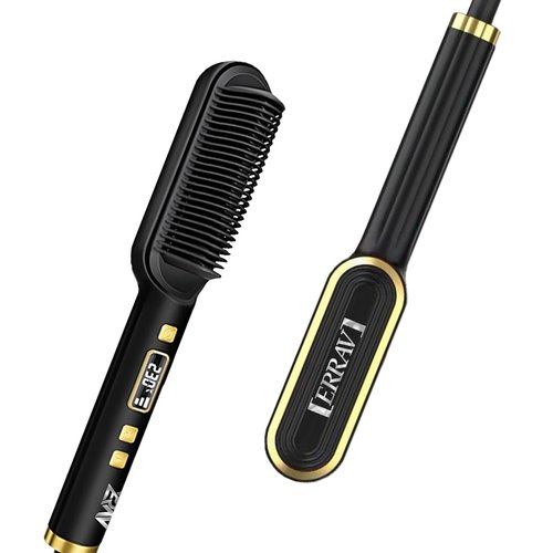 ERRAV Ring Hair Straightener Comb Straightening Brush for Women, Featuring Cutting-Edge Dual Voltage Technology, Ultra-Fast Heating in just 20 Seconds, and Precise Styling., Black+gold