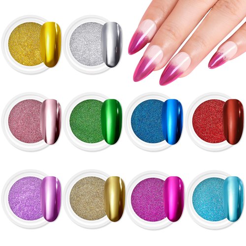 Makartt Chrome Nail Powder Kit, 10 Colors Metallic Chrome Powder, Mirror Effect Iridescent Powders Nail Chrome Powder Pigment for Nail Art Decoration Manicure Pedicure Use(0.5g/Jar)