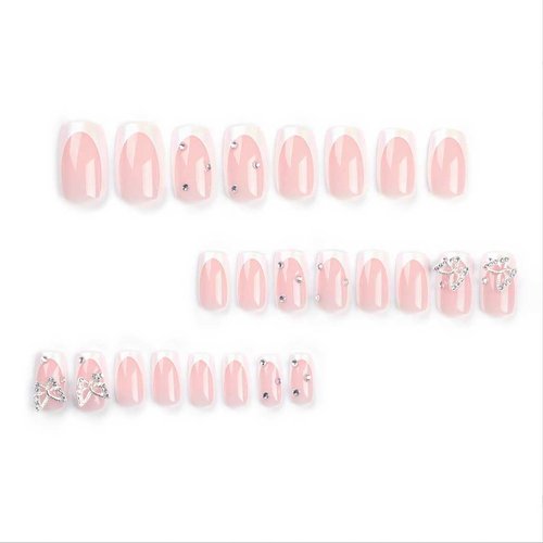 Foccna White Press on Nails Medium Long Rhinestone Fake Nails Square Bling Glossy 3D Butterfly False Nail Tips Artificial Nails Finger Manicure for Women and Girls,24pcs