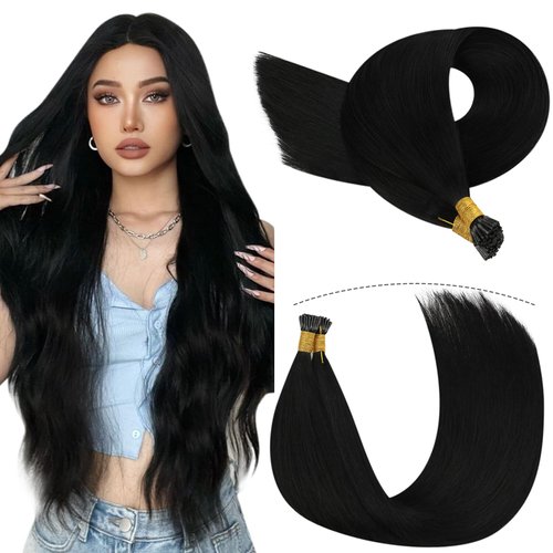 YoungSee Itip Human Hair Extensions Black I Tip Hair Extensions for Black Women I-Tip Hair Extensions Human Hair Itips Extensions Real Human Hair Black 18Inch 60 Strands 50g Pre Bonded Hair Extensions
