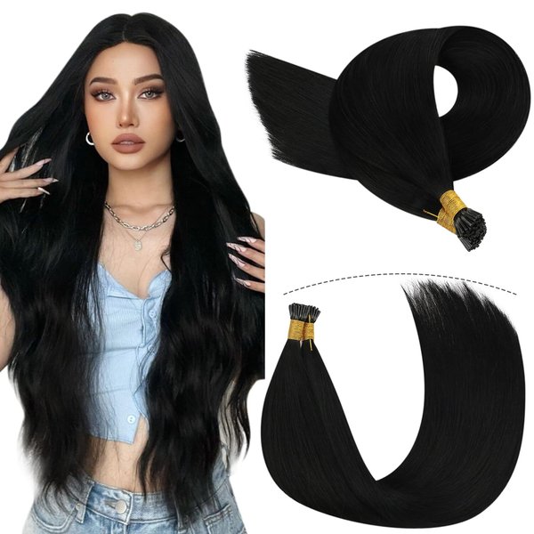 YoungSee Itip Human Hair Extensions Black I Tip Hair Extensions for Black Women I-Tip Hair Extensions Human Hair Itips Extensions Real Human Hair Black 18Inch 60 Strands 50g Pre Bonded Hair Extensions