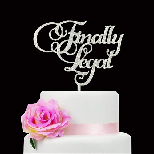 Silver Glitter Finally Legal Cake Topper, Young Lady and Young Mr 18th/19th/21st Birthday Cake Decorations