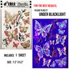 Temporary Tattoos – 1 Sheet Butterfly Design Body Paint Art Blacklight Reactive Light Festival Accessories Glow in the Dark Party Supplies | 7.2” x 5.2” Temp Great for EDM EDC Party Rave Parties