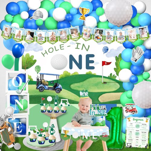 Golf 1st Birthday Party Decorations,Hole in One First Birthday Decorations,Golf 1st Party Supplies for Boy Balloon Garland Arch Banner Backdrop Cake Cupcake Topper for First Boy Birthday Party