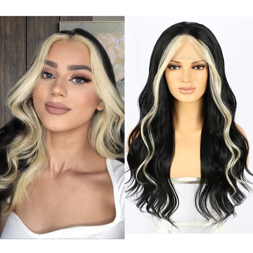 BABEHERS Skunk Stripe Wig Synthetic Lace Front Wig 613 Blonde 1B Black Body Wave Wig Glueless Lace Front Wigs 13x3 Black and Blonde Wig for Women 24inch