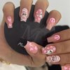 LRKNNO Halloween Nails Pink Press on Nails Medium Square Fake Nails with Cute Ghost Pink Heart Design Glossy Acrylic Nails Halloween Glue on Nails Holiday Cute False Nails for Women Girls DIY 24Pcs