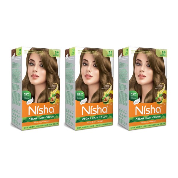 Nisha Creme Permanent Hair Color 100 percent Gray Coverage Hair Dye Easy to Apply Long Lasting Hair Colouring For Ultra Soft Deep Shine Conditioning With Natural Herbs Pack of 3 (Dark Blonde)