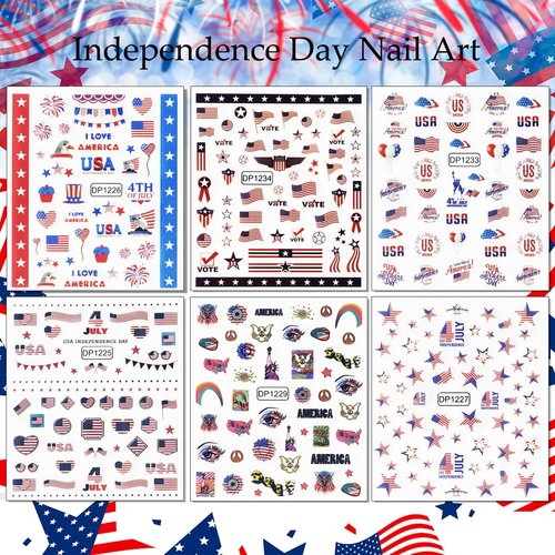 6 Sheets Independence Day Nail Art Stickers USA Flag Nail Decals 3D Self Adhesive Classics American Flag Star Heart Eagle Statue of Liberty Nail Designs Sticker for Women 4th of July Nail Decoration