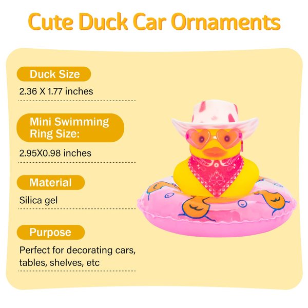wonuu 2PCS Car Rubber Duck Decoration, West Cowboy Duck Car Dashboard Decoration Accessories with Mini Swim Ring Cowboy Hat Scarf and Sunglasses(C_pink galsses&white hat)