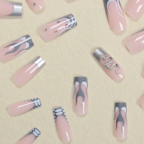 BABALAL Square Press on Nails Long Fake Nails Gray French Tip Glue on Nails 3d Snake Charm Metallic Design Goth Acrylic Nails 24Pcs Manicure False Nails