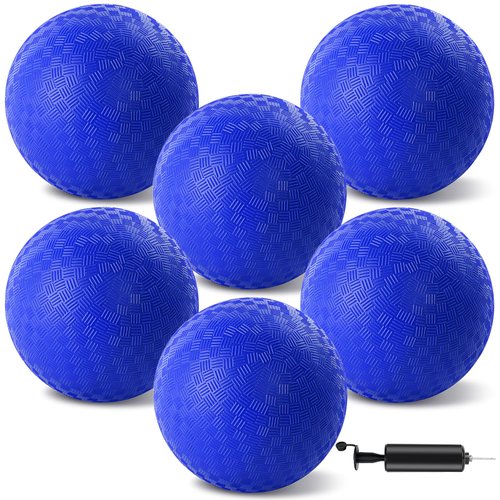 HSLCGF 6 Pcs Dodgeballs 8.5 Inch Playground Ball Blue Kickball Inflatable Rubber Handball Bouncy Dodge Ball with 1 Hand Pump for Outdoors Ball Games Gym Camps Picnic (Needle is at The Top of the Pump)