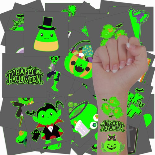 3sscha 144Pcs Halloween Glow in Dark Temporary Tattoos for Kids 2 Inch Trick or Treat Waterproof Body Sticker with Pumpkin Ghost, Halloween Party Favor Supplies, Goodie Bag Fillers for Boys Girls