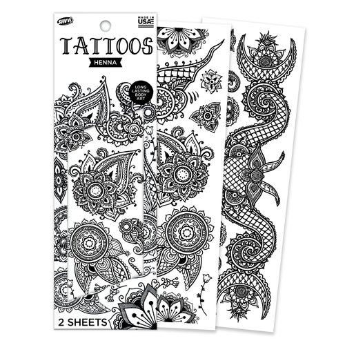 Savvi - 17 Henna Temporary Tattoos: Skin-Safe Ink, Great for Parties and Everyday Wear, Gifts for Teens and Adults, Made in the USA [2 sheets, 17 count]