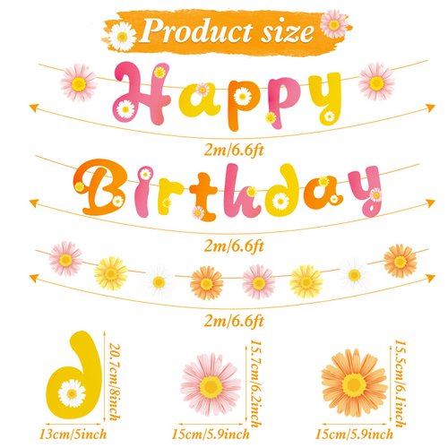 SUNBEAUTY Flower Daisy Happy Birthday Banner Groovy Party Banners Groovy Party Decorations Boho Happy Birthday Banner Daisy Retro Hippie Party Supplies Baby Shower | Pre-Strung
