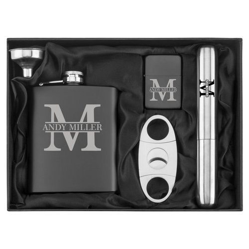 Custom Initial Engraved 7 oz Flask Funnel Cigar Cutter Lighter Stainless Steel Gift Box Set Personalized