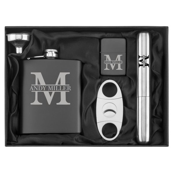 Custom Initial Engraved 7 oz Flask Funnel Cigar Cutter Lighter Stainless Steel Gift Box Set Personalized