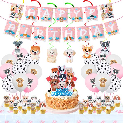 65 Pcs Puppy Party Supplies Pink Series - Includes Happy Birthday Banner Balloons Cake Cupcake Toppers Hanging Swirls Dog Paw Tablecloth, Cute Cartoon Dog Themed Birthday Party Decorations