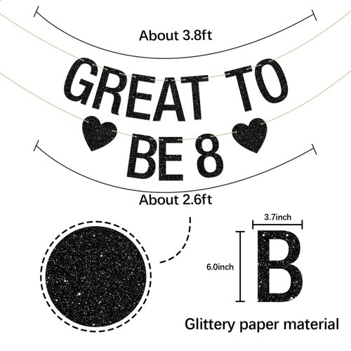 INNORU Great to Be 8 Banner, Kids 8th Birthday Party Hanging Bunting, Cheers to 8 Years Party Decorations Supplies Banner, Black Glitter