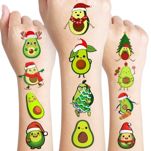 100 PCS Christmas Funny Avocado Temporary Tattoos Sticker Fruit Vegetable Mexican Fiesta Avocado Firts Birthday Party Favors Decorations Supplies Gifts Boys Girls Cute Fake Tattoo School Reward Themed