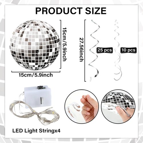 64 PCS Disco Party Decorations 70's Disco Hanging Swirls with Lights 70s Disco Ball Swirls Ceiling for Boogie Party Retro Disco Fever Party 80s Disco Swirl Ceiling 1970s Party Decoration Supplies