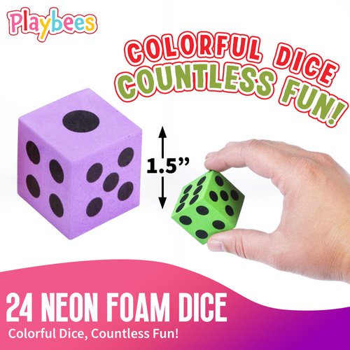 Playbees Neon Big Foam Dice Set - 24-Pack, Jumbo, and Colorful Dice for Kids - Ideal for Boosting Math Skills, Great Gifts, and Party Fun