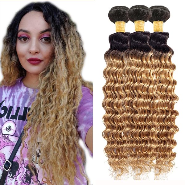 Deep Wave Human Hair Bundles 1B/27 Ombre Human Hair Bundle 3 Bundles Human Hair 22 24 26Inch 100% Unprocessed Brazilian Virgin Hair Bundles Deals Deep Wave Human Hair Extensions(1B/27-DP-22 24 26Inch)