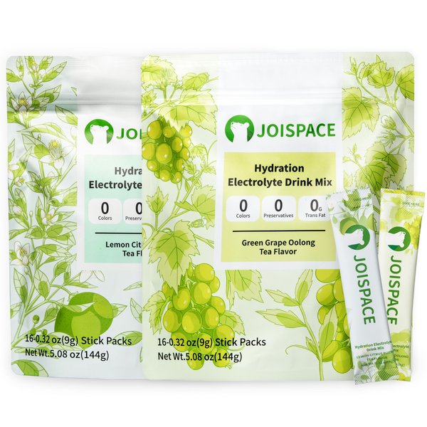 JOISPACE Electrolyte Drink Mix - Green Grape Oolong Tea & Lemon Ganpu Tea - Hydration Powder Packets with Tea Polyphenols & Ascorbic Acid | Non-GMO, Vegan Electrolytes Powder Packets | 32 Servings
