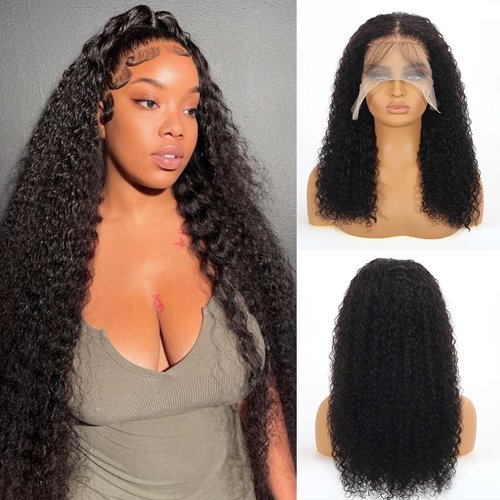 AZW Wigs for Black Women Human Hair,13x4 HD Curly Lace Front Wigs Human Hair 180 Density Glueless Wigs Human Hair Pre Plucked with Baby Hair Bleached Knots Lace Closure Wigs (Black 26Inch)