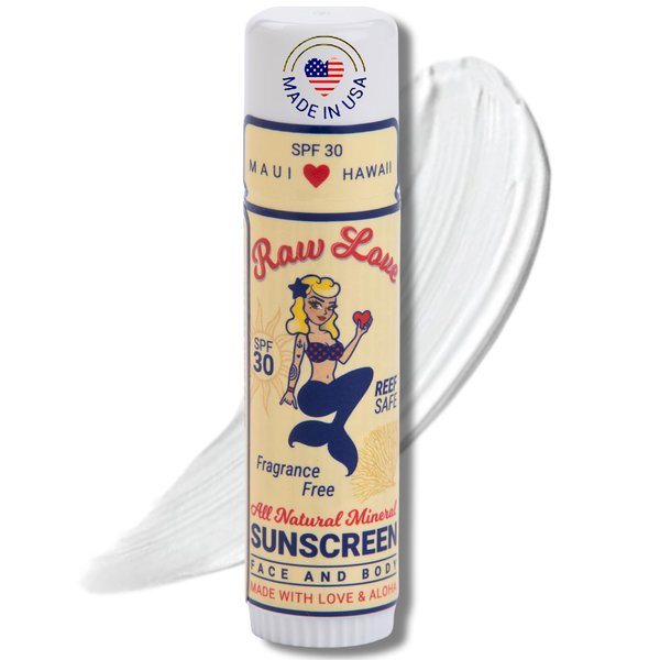 Raw Love Face Sunscreen Stick SPF 30 | Mineral Zinc Oxide + Organic Ingredients | Reef Safe Travel Sunscreen Stick for Face & Body | Fragrance-Free, Water Resistant, Safe for Kids and Babies | 0.6 Oz